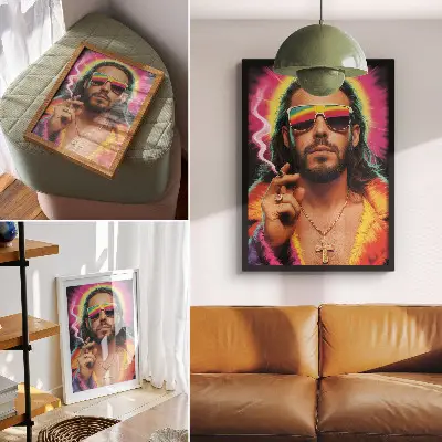 Poster na stenu s intenzívnymi farbami a kontrastnými retro vzormi