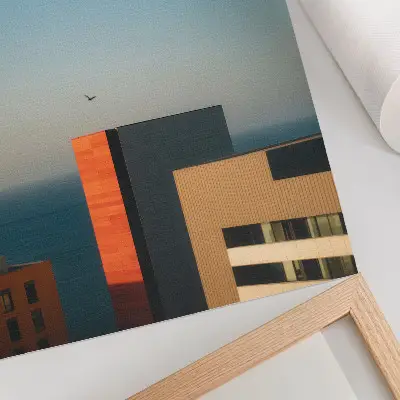 Plagát na stenu moderná architektúra pri mori s vtákom na oblohe
