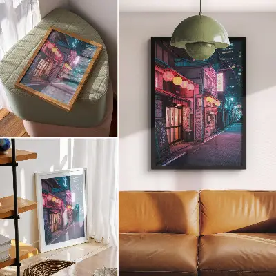 Plagát na stenu nočná ulica s očarujúcimi neónovými lampášmi