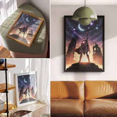 Plagát na stenu nočná obloha s dynamickou postavou pri tajomných ruinách