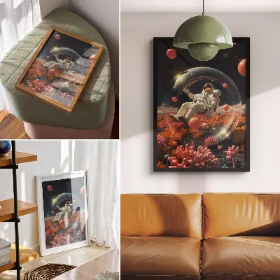 Plagát do obývačky astronaut s farebnými vesmírnymi rastlinami