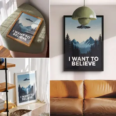 Plagát na stenu s motívom tajomného UFO v lesnatých horách v modernom štýle