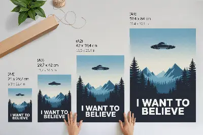 Plagát na stenu s motívom tajomného UFO v lesnatých horách v modernom štýle