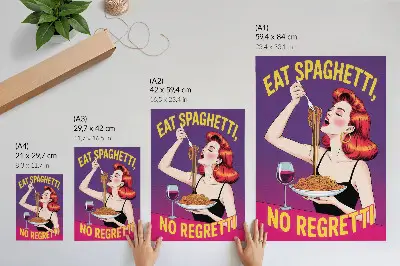 Plagát farebná žena so špagetami a vínom
