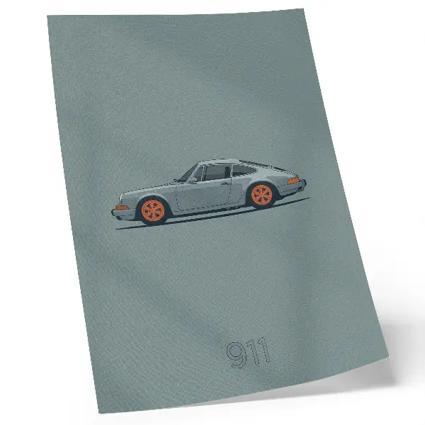 Plagát na stenu klasické auto s oranžovými diskami na sivom pozadí