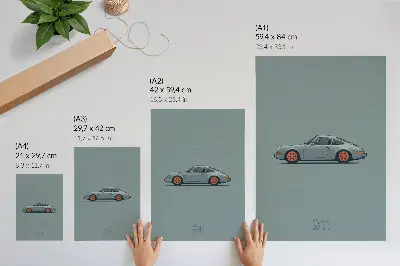 Plagát na stenu klasické auto s oranžovými diskami na sivom pozadí