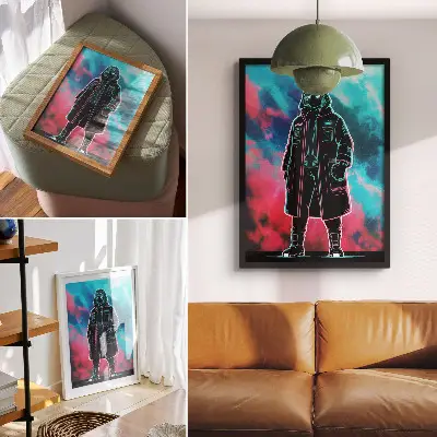 Plagát na stenu futuristická postava proti oblohe v sýtych farbách