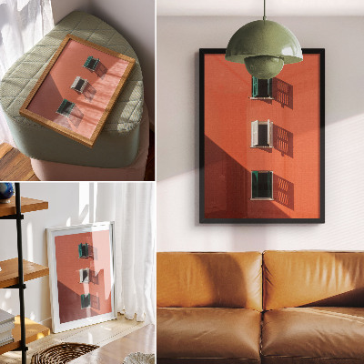 Poster na stenu Oranžová stena, tri okná, zelené žalúzie