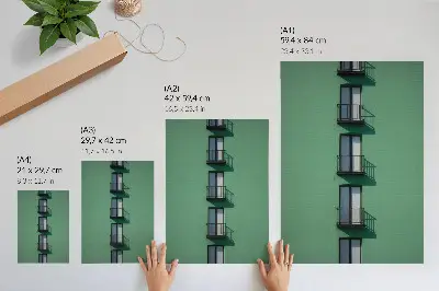 Plagát do obývačky moderný motív zelenej fasády s balkónmi a tieňmi
