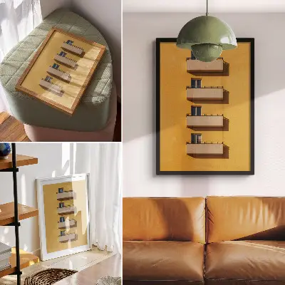 Plagát žltá fasáda so štyrmi balkónmi v minimalistickom štýle