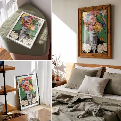 Plagát kvety, vtáky, motýle, elegantné postavy a surrealizmus