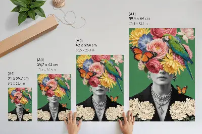 Plagát kvety, vtáky, motýle, elegantné postavy a surrealizmus