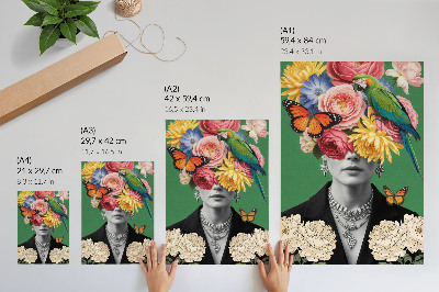 Plagát Kvety, vtáky, motýle, elegantné postavy, surrealizmus