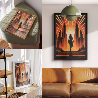 Poster na stenu silueta mesta oranžové svetlo žena