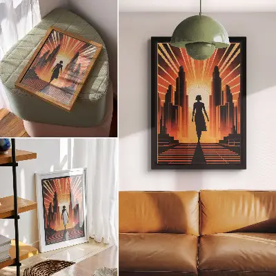 Plagát na stenu silueta mesta v oranžovom svetle so ženou