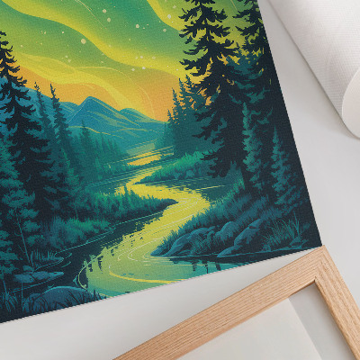 Plagát Aurora na pozadí lesa a rieky, harmonické farby
