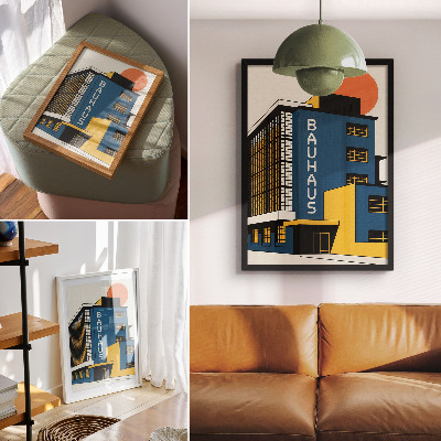 Poster na stenu Tmavomodrá budova Bauhaus so žltými akcentmi a modernosťou