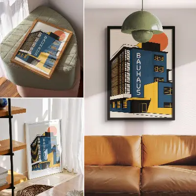 Plagát na stenu tmavomodrá budova v štýle Bauhaus so žltými akcentmi a prvkami modernosti