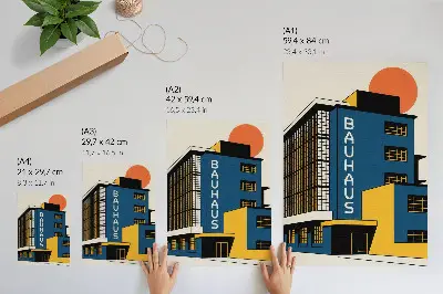 Plagát na stenu tmavomodrá budova v štýle Bauhaus so žltými akcentmi a prvkami modernosti