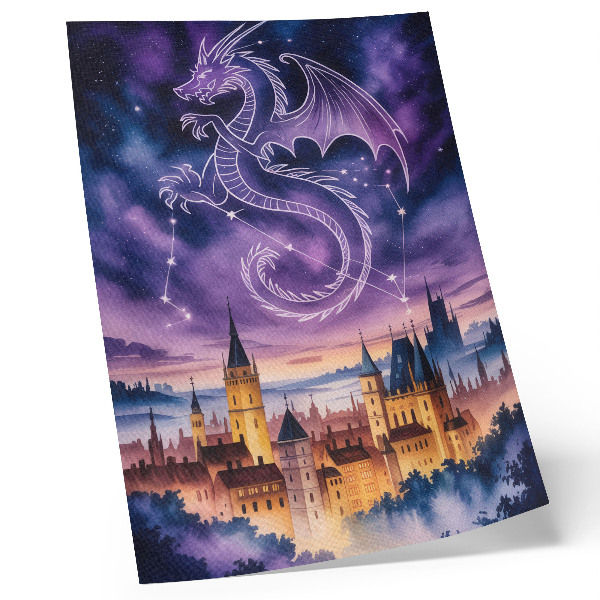 Poster na stenu Fantasy svet drak hrad obloha hviezdy miesto