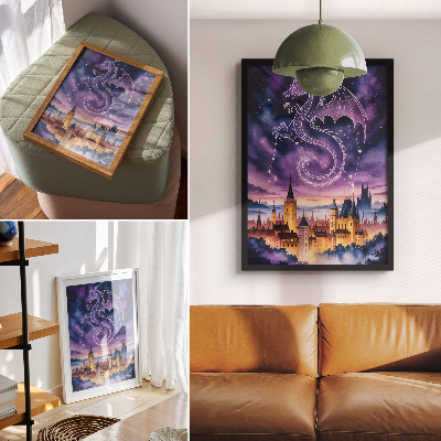 Poster na stenu Fantasy svet drak hrad obloha hviezdy miesto