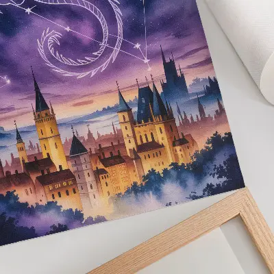 Plagát na stenu fantasy svet s drakom, hradom, oblohou a hviezdami