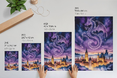 Poster na stenu Fantasy svet drak hrad obloha hviezdy miesto