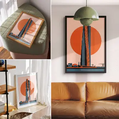 Plagát do obývačky minimalistický mrakodrap na pozadí kruhu s vysokým kontrastom