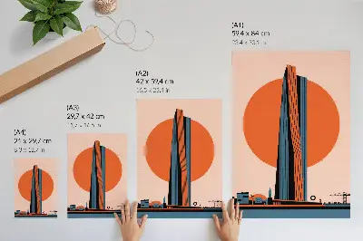 Plagát do obývačky minimalistický mrakodrap na pozadí kruhu s vysokým kontrastom