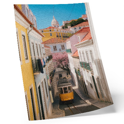 Poster na stenu Ulica s električkou, pastelové činžiakové domy, kvety