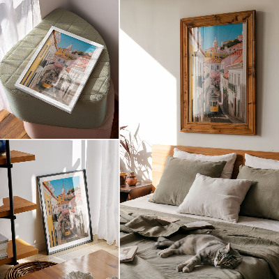 Poster na stenu Ulica s električkou, pastelové činžiakové domy, kvety