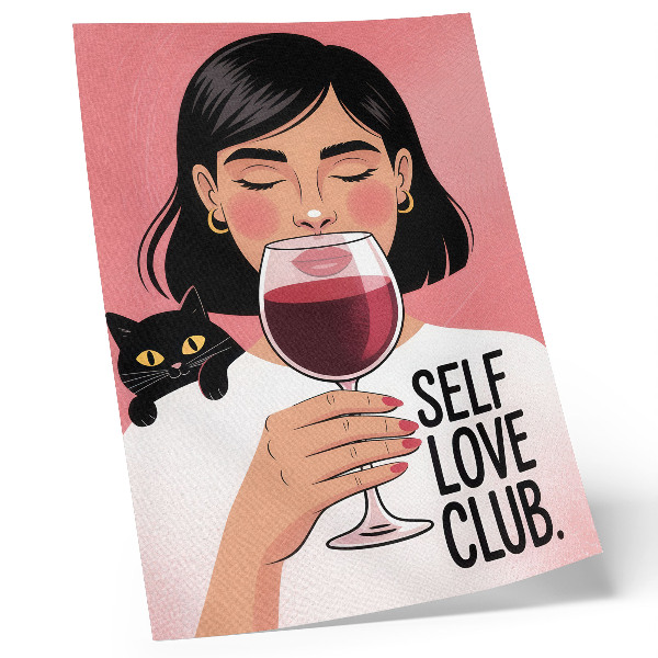 Poster na stenu Žena s vínom a mačkou v štýle ilustrácie