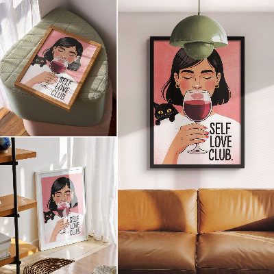 Poster na stenu Žena s vínom a mačkou v štýle ilustrácie