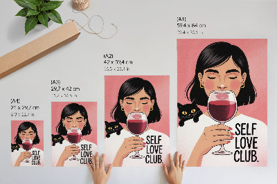 Poster na stenu Žena s vínom a mačkou v štýle ilustrácie