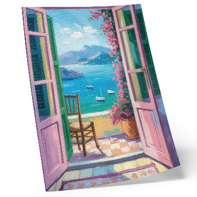 Poster na stenu Otvorené dvere, jasné kvety, morská modrá, plachetnice