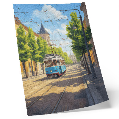 Poster na stenu Električka na slnečnej ulici zelená a modrá