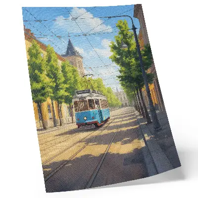 Plagát na stenu električka v zelenej a modrej farbe na slnečnej ulici