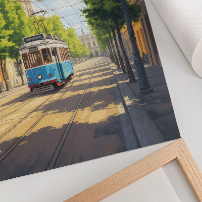 Poster na stenu Električka na slnečnej ulici zelená a modrá