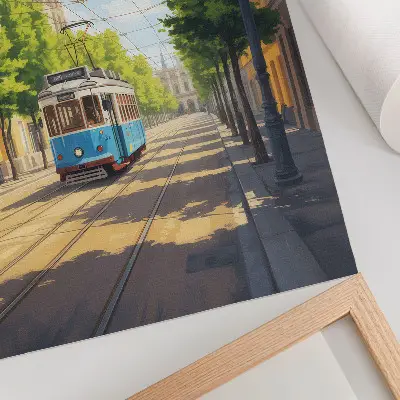 Plagát na stenu električka v zelenej a modrej farbe na slnečnej ulici