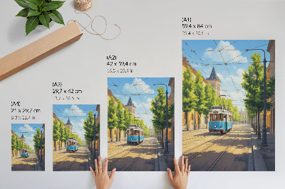 Poster na stenu Električka na slnečnej ulici zelená a modrá
