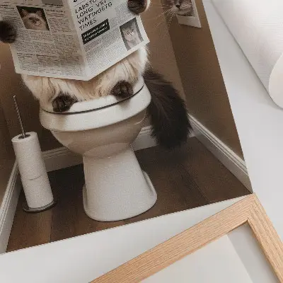 Plagát do obývačky mačka s novinami na béžovej stene v humornom a hrejivom štýle