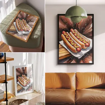 Plagát na stenu chutné hotdogy vo veselej modernej atmosfére