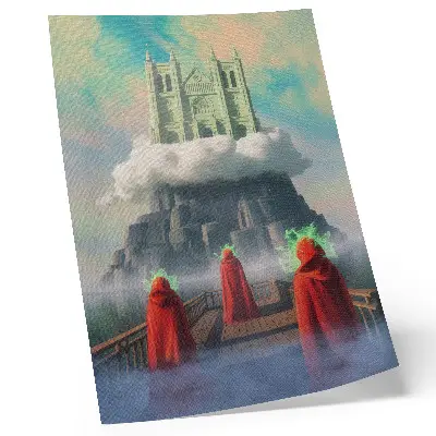 Plagát na stenu surrealistický motív hradu v oblakoch s postavami v kabátoch