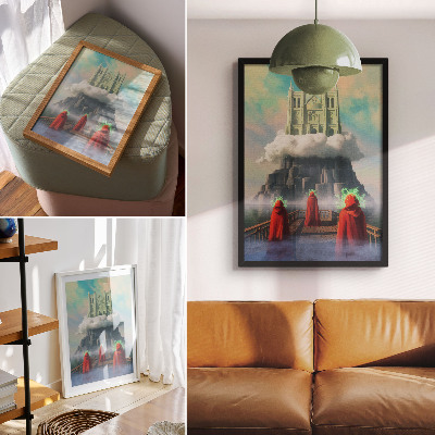Poster na stenu Hrad v oblakoch postavy v kabátoch surrealizmus