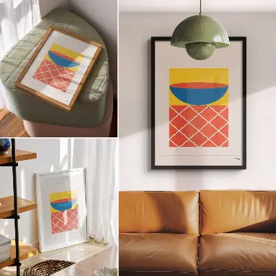 Plagát na stenu geometrická kompozícia v žltej, modrej a červenej farbe