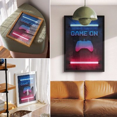 Poster na stenu Dynamika hracej podložky s neónovým pixelovým nápisom