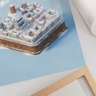 Plagát do obývačky miniatúrne mesto v sklenenej guli so zimnou magickou atmosférou