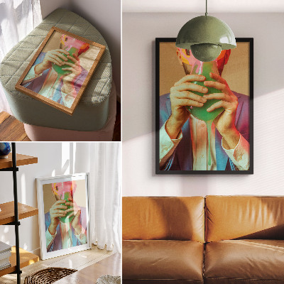 Poster na stenu Farebná maska ​​v rukách surrealistickej postavy