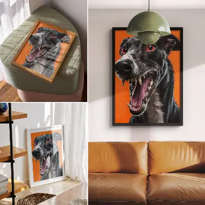Plagát čierna kožušina na oranžovom pozadí s expresívnymi detailmi