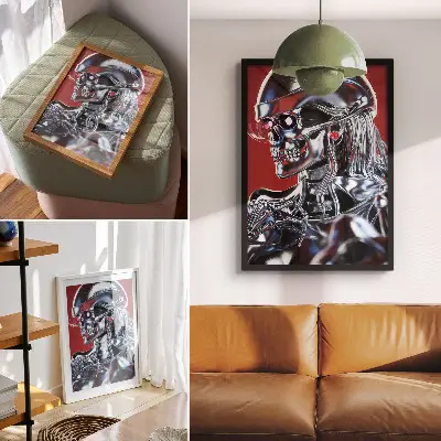 Plagát s motívom futuristickej postavy v čierno-červenom prevedení